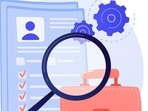 Instruction manual, guide. Document with cogwheel isolated design element. Male character analyzing file. Business analysis, data processing, updating. Vector isolated concept metaphor illustration