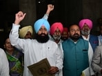 Leader of opposition Partap Singh Bajwa along with other Congress MLAs protesting outside vidhan sabha on Monday. (Ravi Kumar/HT) Leader of opposition Partap Singh Bajwa along with other Congress MLAs protesting outside vidhan sabha on Monday. (Ravi Kumar/HT)
