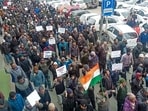 People during protest call given by Leh Apex Body and Kargil Democratic Alliance, in Kargil on Monday. (ANI Video Grab) People during protest call given by Leh Apex Body and Kargil Democratic Alliance, in Kargil on Monday. (ANI Video Grab)