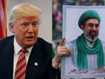 Donald Trump (L) and a poster of Iran's new Supreme Leader, Mojtaba Khamenei.