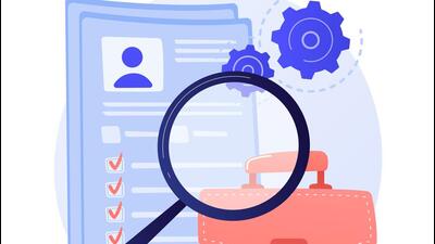 Instruction manual, guide. Document with cogwheel isolated design element. Male character analyzing file. Business analysis, data processing, updating. Vector isolated concept metaphor illustration