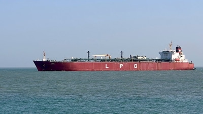 LPG tanker Shivalik arrives at Mundra Port after safely crossing the Strait of Hormuz amid regional tensions, on March 16. (PTI) LPG tanker Shivalik arrives at Mundra Port after safely crossing the Strait of Hormuz amid regional tensions, on March 16. (PTI)