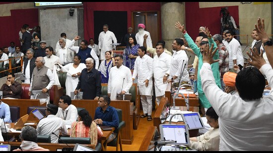 Haryana Congress MLAs during the budget session in Chandigarh on Tuesday. (Keshav Singh/HT)