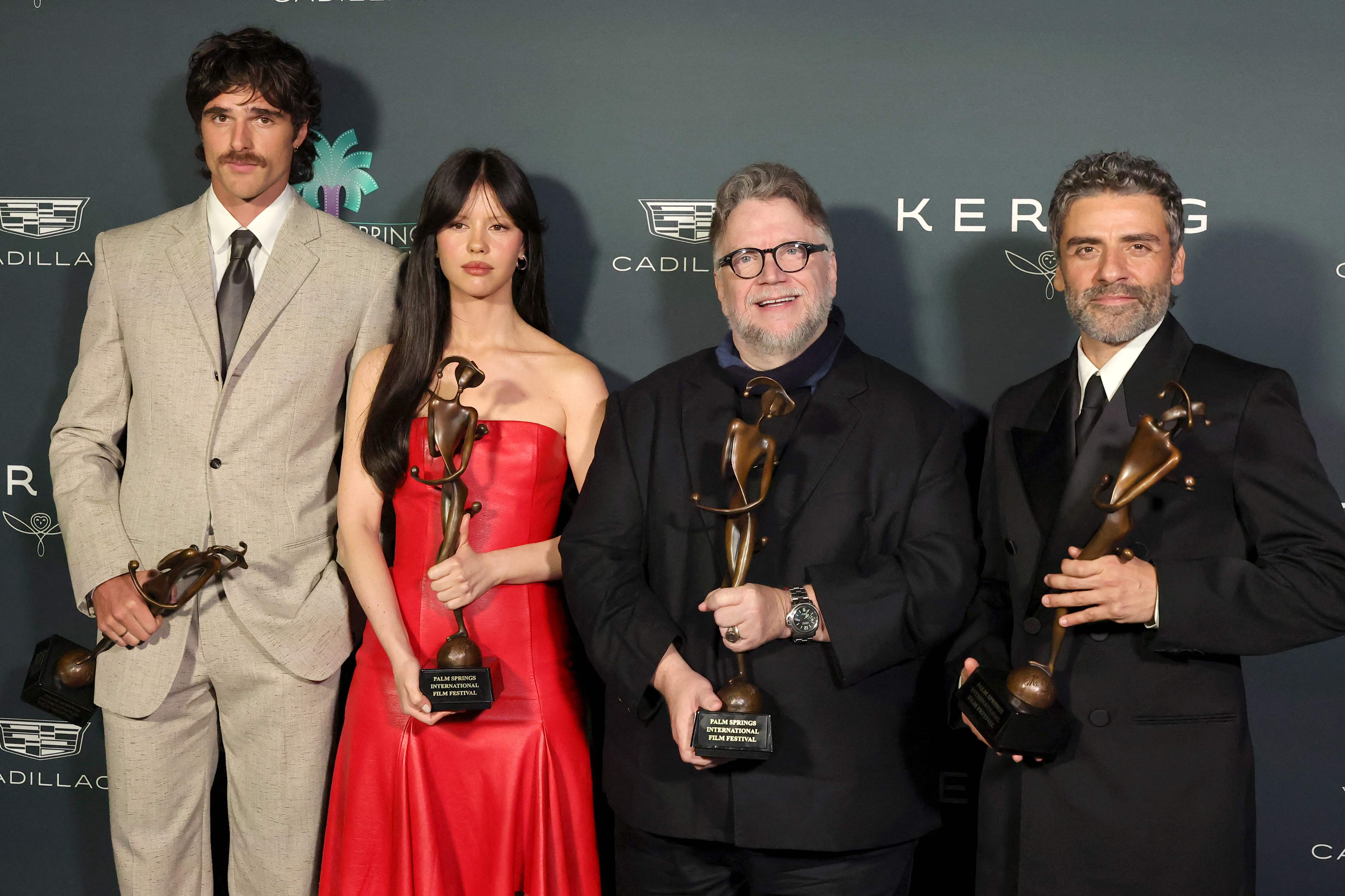 (L-R) Jacob Elordi, Guillermo del Toro, Mia Goth and Oscar Isaac pose with the Visionary Award for "Frankenstein" in the press room during the 37th Annual Palm Springs International Film Festival Film Awards at Palm Springs Convention Center on January 03, 2026 in Palm Springs, California. (Kevin Winter/Getty Images via AFP) (L-R) Jacob Elordi, Guillermo del Toro, Mia Goth and Oscar Isaac pose with the Visionary Award for "Frankenstein" in the press room during the 37th Annual Palm Springs International Film Festival Film Awards at Palm Springs Convention Center on January 03, 2026 in Palm Springs, California. (Kevin Winter/Getty Images via AFP)