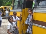 A school bus registered with the RTO, Prayagraj, parked outside a school on Wednesday (Anil Kumar Maurya/HT)