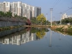 A vacant plot near Rising Homes society left inundated from overflowing sewage. (Parveen Kumar/HT)