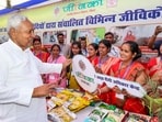 Bihar CM Nitish Kumar visits a stall during the ‘Samriddhi Yatra’ in Jamui, Bihar, on Wednesday. (PTI)