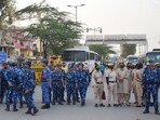 Heavy deployment of personnel in Uttam Nagar area of Delhi following the death of a man during Holi. (ANI)