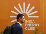 Signage during India Energy Week in Goa in January 2026. India imports about 90% of its crude oil and nearly half of its LPG.