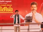 Actor and Tamilaga Vetri Kazhagam (TVK) chief Vijay addresses a public meeting, in Thanjavur district, Tamil Nadu.