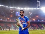 India's Jasprit Bumrah holds the tournament trophy during celebrations after India won the ICC Men's T20 World Cup 2026 in Ahmedabad
