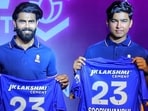 Rajasthan Royals’ Ravindra Jadeja and Vaibhav Suryavanshi at the jersey launch function in Jaipur on Monday. (ANI Photo)