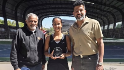 (L to R) Rohan Bopanna, rising Indian player Vaishnavi Adkar and tennis coach M Balachandran. (HT Photo) (L to R) Rohan Bopanna, rising Indian player Vaishnavi Adkar and tennis coach M Balachandran. (HT Photo)