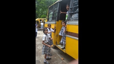 A school bus registered with the RTO, Prayagraj, parked outside a school on Wednesday (Anil Kumar Maurya/HT) A school bus registered with the RTO, Prayagraj, parked outside a school on Wednesday (Anil Kumar Maurya/HT)