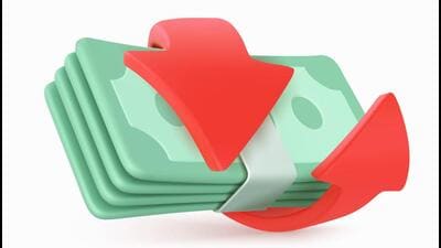 Paper cash bundle, money stack with red circle arrow. Icon of financial transfer, currency exchange, convert with dollar banknotes isolated on white background, 3d vector illustration Paper cash bundle, money stack with red circle arrow. Icon of financial transfer, currency exchange, convert with dollar banknotes isolated on white background, 3d vector illustration