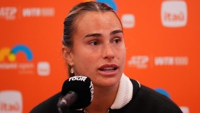 Aryna Sabalenka speaks during a press conference. (Getty Images via AFP) Aryna Sabalenka speaks during a press conference. (Getty Images via AFP)