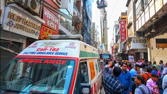 An ambulance at the site. (Vipin Kumar/HT Photo)
