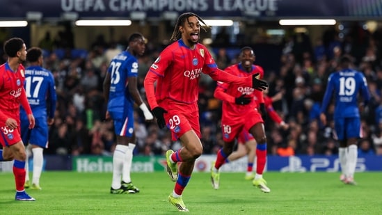 Paris Saint-Germain forward Bradley Barcola celebrates after scoring his team second goal during the Champions League round of 16 second leg match against Chelsea FC (AFP)