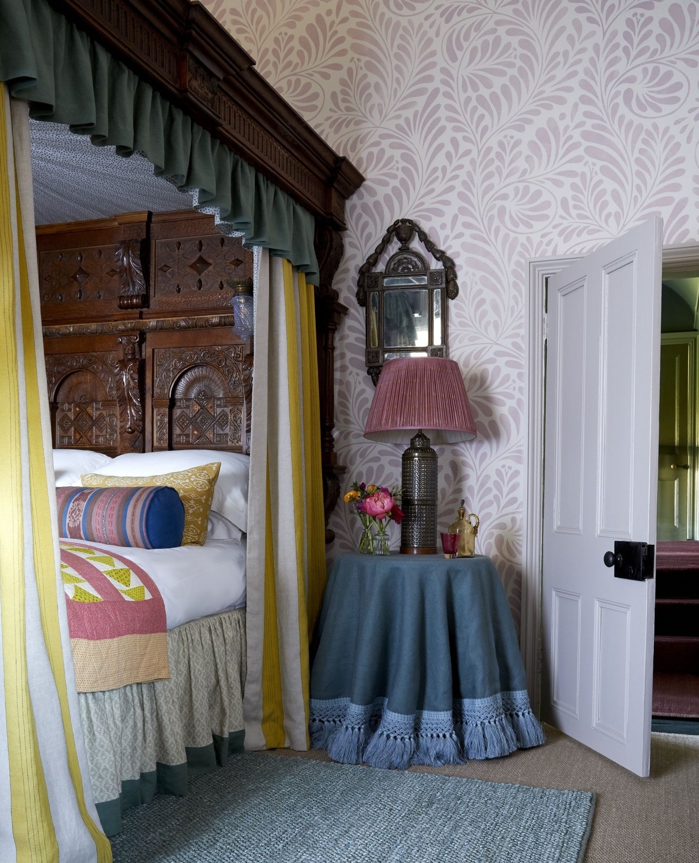 A country-house bedroom with bed skirts designed by Nicola Harding A country-house bedroom with bed skirts designed by Nicola Harding