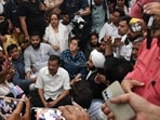 AAP leaders at the site of the fire. (HT Photo)