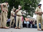 Chandigarh Police personnel at the site of the shooting in the Sector 9 market on Wednesday afternoon. (Keshav Singh/HT)