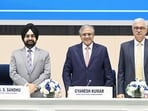 Chief Election Commissioner Gyanesh Kumar, centre front, with Election Commissioners S S Sandhu, left, and Vivek Joshi, right front, during a press conference. Chief Election Commissioner Gyanesh Kumar, centre front, with Election Commissioners S S Sandhu, left, and Vivek Joshi, right front, during a press conference.