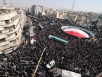 Iranian mourners gather during the funeral of Iran's security chief Ali Larijani.
