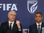 Arsene Wenger and AIFF chief Kalyan Chaubey during a press conference.