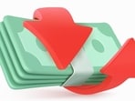 Paper cash bundle, money stack with red circle arrow. Icon of financial transfer, currency exchange, convert with dollar banknotes isolated on white background, 3d vector illustration