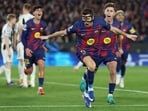 Barcelona's Robert Lewandowski celebrates scoring his team's fifth goal.