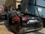 The crash involved six vehicles, including a container truck, a Toyota Innova, a Tata Tigor, a Tata Punch, an Eicher Tempo, and another heavy vehicle. (HT PHOTO)