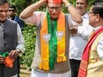 Assam chief minister Himanta Biswa Sarma, left, welcoming Nagaon MP Pradyut Bordoloi into the Bharatiya Janata Party, in New Delhi. 