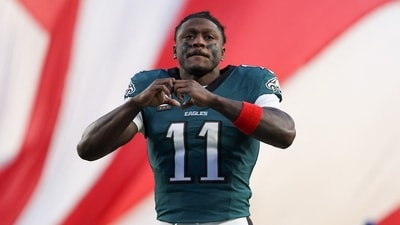 Philadelphia Eagles wide receiver A.J. Brown (11) looks on prior to an NFC Wild Card Round game against the San Francisco 49ers (IMAGN IMAGES via Reuters Connect)