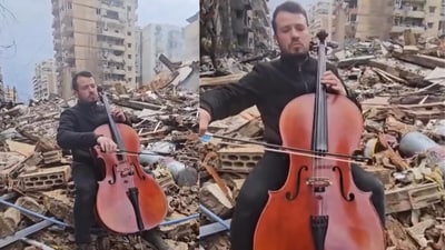 A video of Mahdi Sahely playing the cello on the rubble was shared on Instagram. (@mahdi.sahely/Instagram)