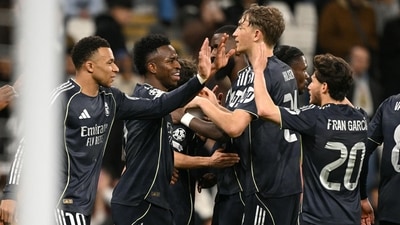 Real Madrid players celebrate a goal against Manchester City. (AFP) Real Madrid players celebrate a goal against Manchester City. (AFP)