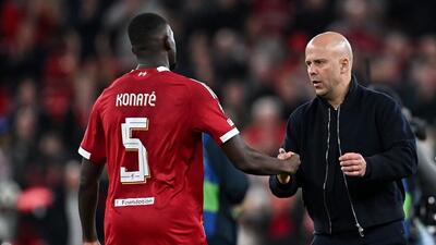 Liverpool coach Arne Slot greets Ibrahima Konate after the victory against Galatasaray at Anfield in Liverpool. (AFP) Liverpool coach Arne Slot greets Ibrahima Konate after the victory against Galatasaray at Anfield in Liverpool. (AFP)