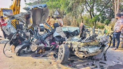 Mumbai, India. Mar 19, 2026 - Three IIT Bombay students died when their SUV lost control during an overtaking truck near the Panvel exit on the Mumbai-Pune Expressway. Mumbai, India. Mar 19, 2026. (Photo by Raju Shinde/HT Photo) (Raju Shinde) Mumbai, India. Mar 19, 2026 - Three IIT Bombay students died when their SUV lost control during an overtaking truck near the Panvel exit on the Mumbai-Pune Expressway. Mumbai, India. Mar 19, 2026. (Photo by Raju Shinde/HT Photo) (Raju Shinde)