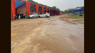 Rain dampens preparation for Kisan Mela at PAU campus on Thursday. The event is scheduled to commence on Friday. (Gurpreet Singh/HT) Rain dampens preparation for Kisan Mela at PAU campus on Thursday. The event is scheduled to commence on Friday. (Gurpreet Singh/HT)