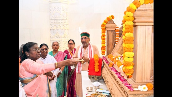 President Droupadi Murmu offers prayers to Shri Ram Yantra after installing it at Shri Ram Janmabhoomi Temple, in Ayodhya on Thursday (ANI)