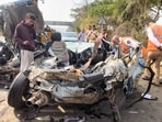 Three IIT Bombay students died when their SUV lost control during an overtaking truck near the Panvel exit on the Mumbai-Pune Expressway. Mumbai, India. Mar 19, 2026.


