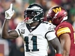 A.J. Brown #11 of the Philadelphia Eagles celebrates a first down against the Washington Commanders A.J. Brown #11 of the Philadelphia Eagles celebrates a first down against the Washington Commanders