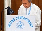 Biju Janata Dal (BJD) chief Naveen Patnaik casts his vote for the Rajya Sabha elections at the Odisha assembly on March 16 (PTI)