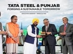 Chief minister Bhagwant Mann with Tata Group chairman N Chandrasekaran in Ludhiana on Friday at the launch of Tata Steel’s second recycling-based green steel plant in India that uses scrap-based technology to significantly reduce carbon emissions. (HT Photo)