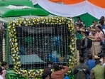 Delhi chief minister Rekha Gupta at a flags off event of 300 electric buses at the Indraprastha Bus Depot, in New Delhi, India, on Friday. (RAJ K RAJ /HT PHOTO)