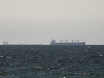 A cargo ship in the Gulf, near the Strait of Hormuz, amid the US-Israeli conflict with Iran, in UAE water. 
