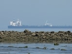 A Russian oil tanker carrying waiting to unload, in the Arabian Sea off Gujarat, India, on March 11.