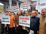 Jai Ram Thakur among BJP legislators during a protest at the Vidhan Sabha in Shimla. (HT)