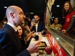 France's foreign minister Jean-Noel Barrot tastes food at a school sheltering displaced families in Beirut, Lebanon, on March 19, 2026. Lebanon was drawn into the West Asia war on March 2 after militant group Hezbollah allegedly launched rockets towards Israel to avenge the killing of Iran's supreme leader. Israel responded with intense strikes on Lebanon that have killed at least 968 people and displaced over a million, according to local authorities, and by launching ground operations in the south. Barrot later also visited Tel Aviv, Israel.