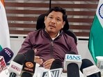Meghalaya chief minister Conrad Sangma speaks to the media in Shillong. (ANI)