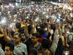 People hold mobile torches to mark their protest during a rally demanding justice for the female doctor victim of RG Kar Medical College & Hospital at Shyambazar in Kolkata on September 8, 2024. People hold mobile torches to mark their protest during a rally demanding justice for the female doctor victim of RG Kar Medical College & Hospital at Shyambazar in Kolkata on September 8, 2024.
